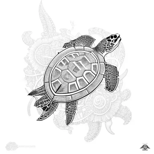 Polynesian sea turtle with flowers tattoo design idea