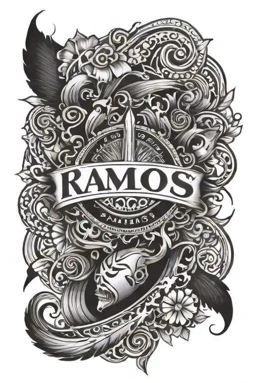 cool arm sleeve tatoo with the name "Ramos" and maybe cool little details around it tattoo design idea