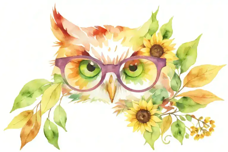 Watercolor leaves, sunflowers, owl with green cat eye glasses tattoo design idea