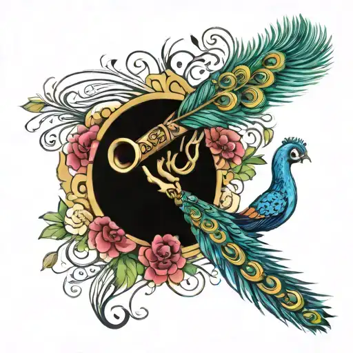peacock feathers and flute tattoo design idea