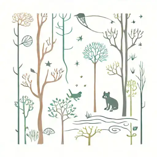 mystical forest with animals. cats or opposums or frogs. could include the Lorax truffula trees.  tattoo design idea