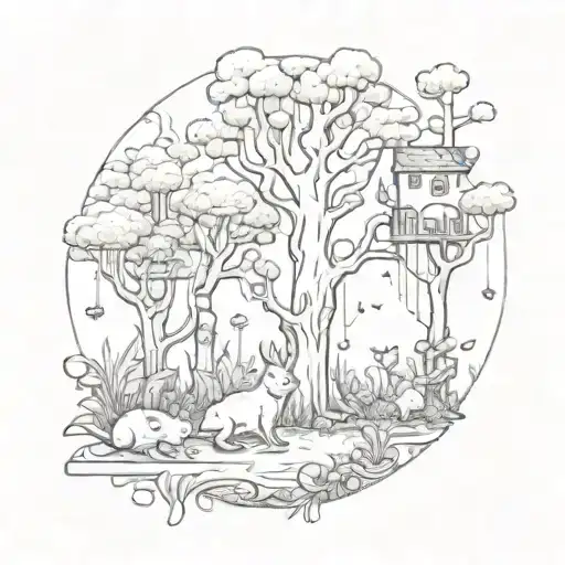 mystical forest with animals. cats or opposums or frogs. could include the Lorax truffula trees.  tattoo design idea