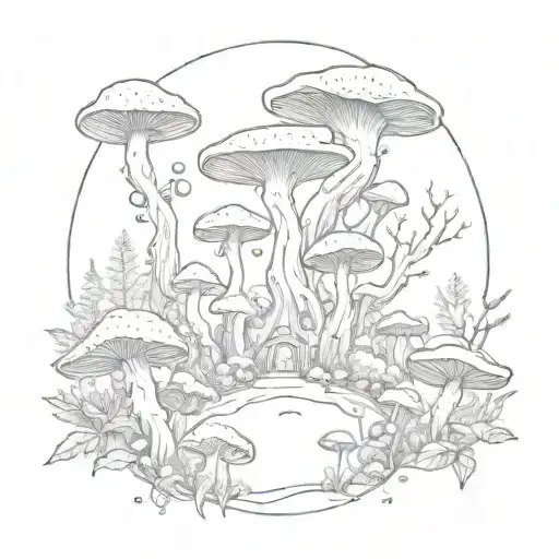 mystical forest, animals, planets, mist, mushrooms  tattoo design idea
