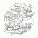 mystical forest with animals. cats or opposums or frogs. could include the Lorax truffula trees.  tattoo design idea