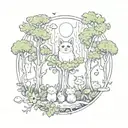 mystical forest with animals. cats or opposums or frogs. could include the Lorax truffula trees.  tattoo design idea