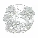 mystical forest with animals. cats or opposums or frogs. could include the Lorax truffula trees.  tattoo design idea