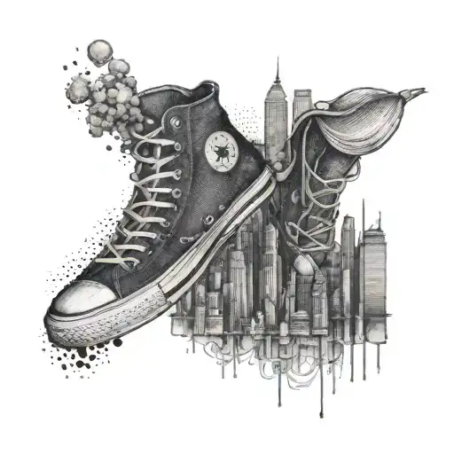 Sneakers morphing into city skyscrapers tattoo design idea