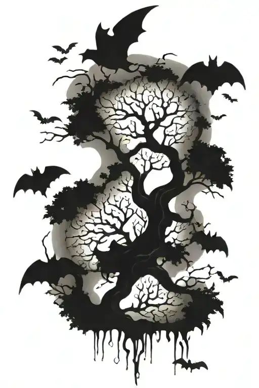 posion tree with  bats behind it from top right tattoo design idea