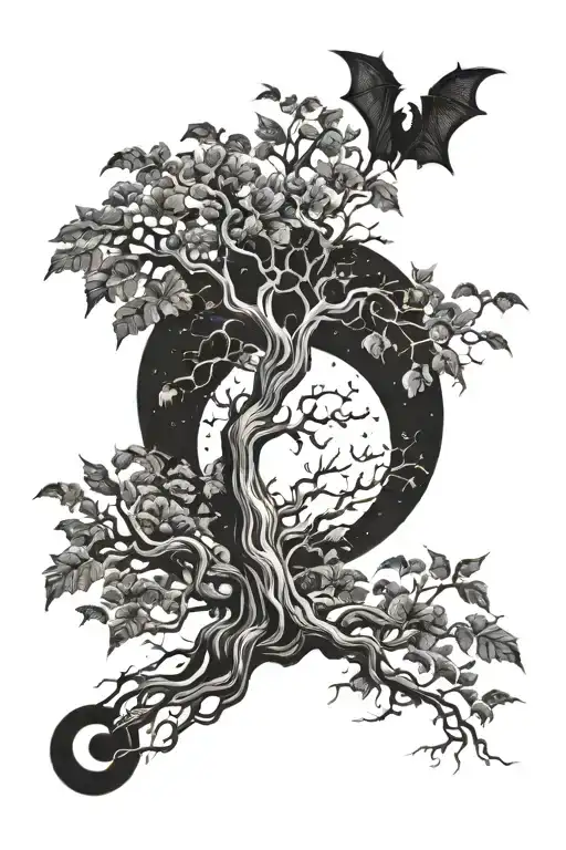 posion tree with a moon and bats behind it from top right tattoo design idea