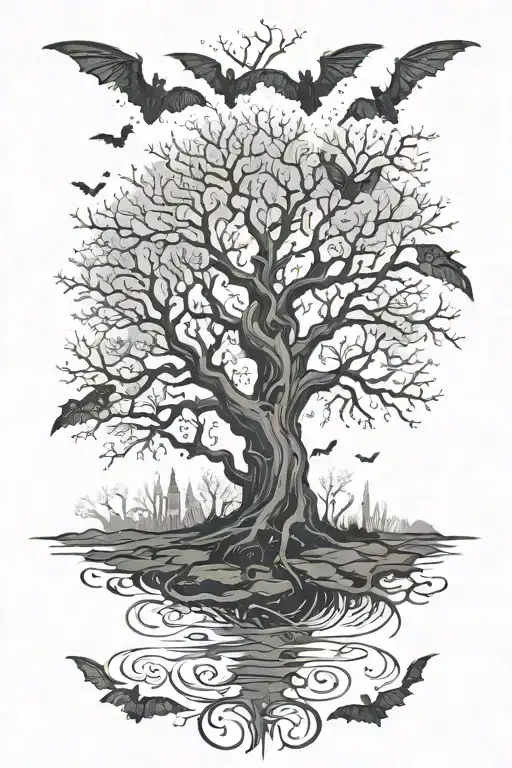 posion tree with  bats behind it from top right tattoo design idea
