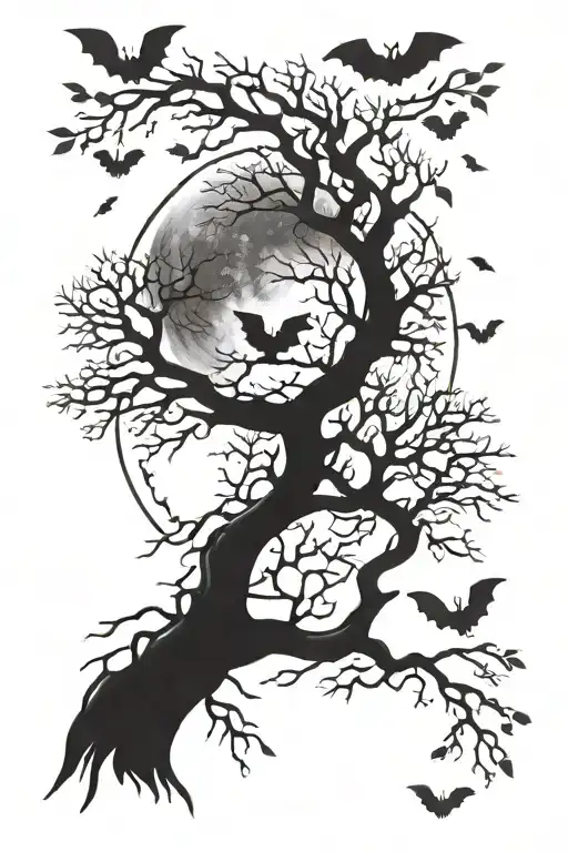 posion tree with a moon and bats behind it tattoo design idea