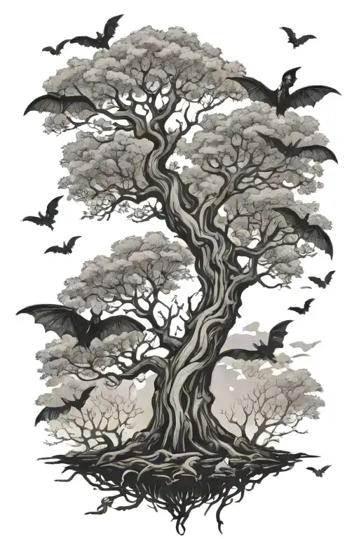 posion tree with bats flying across tattoo design idea