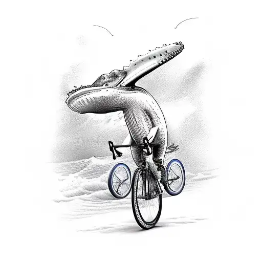Humpback whale riding a race bicycle with cycling glasses on his head tattoo design idea