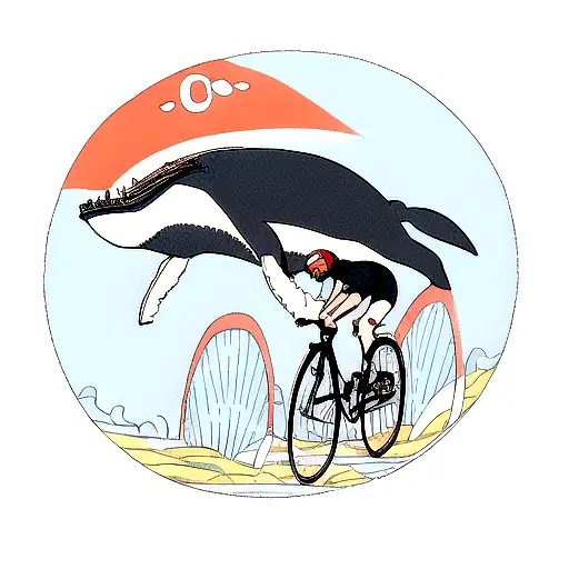 Humpback whale riding a race bicycle with cycling glasses on his head tattoo design idea