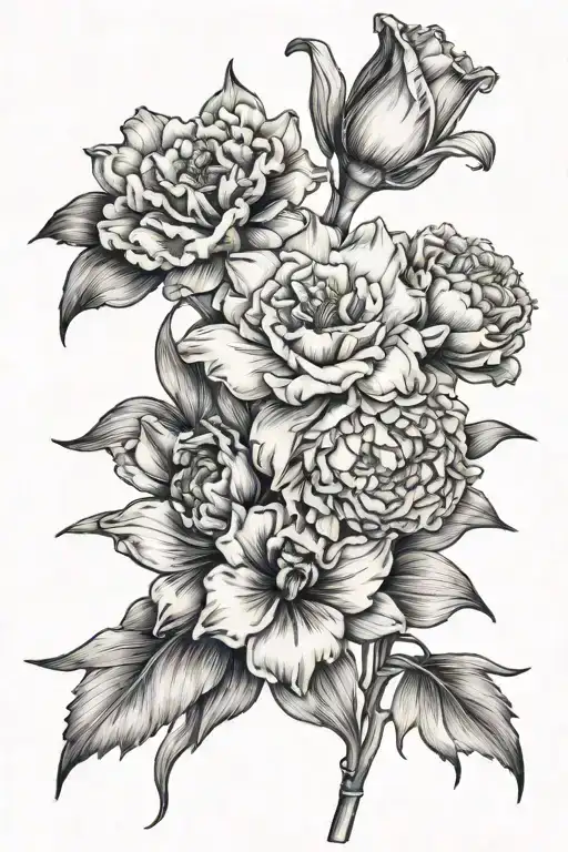 Bouquet with one carnation, two daffodils, one violet, and one gladiolus  tattoo design idea