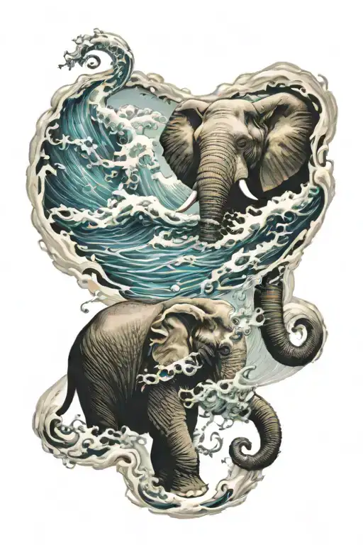 great terrifying wave of water that seems to conceal a great monstrous elephant  tattoo design idea