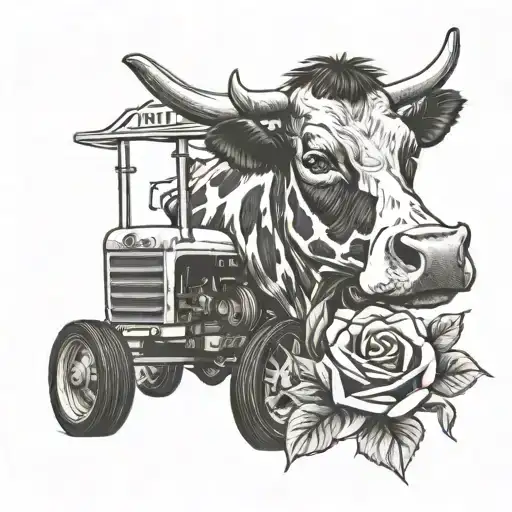 cow with a rose and a tractor tattoo design idea