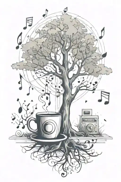 A sketch of a tree with musical notes floating around and a cup of tea and a radio tattoo design idea