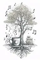 A sketch of a tree with musical notes floating around and a cup of tea and a radio tattoo design idea