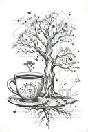 A sketch of a tree with musical notes floating around and a cup of tea and a radio tattoo design idea