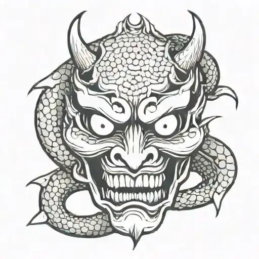 HANNYA mask with a badass snake coming out the mask's eye tattoo design idea