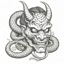 HANNYA mask with a badass snake coming out the mask's eye tattoo design idea