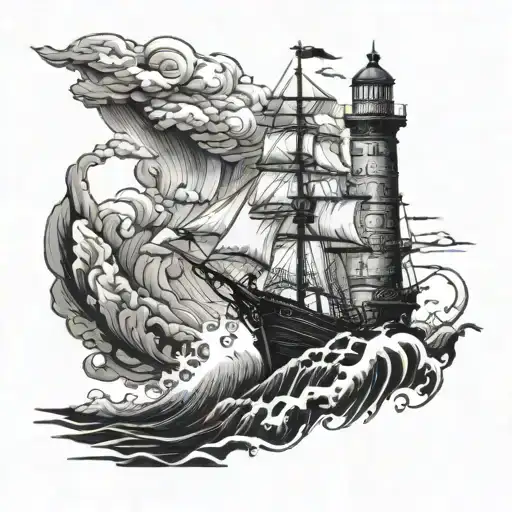 lighthouse with a pirate ship in a storm tattoo design idea
