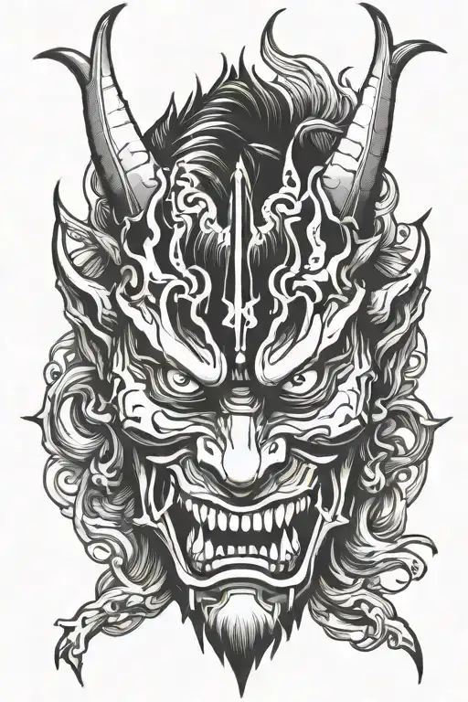 scary oni mask split tattoo design idea