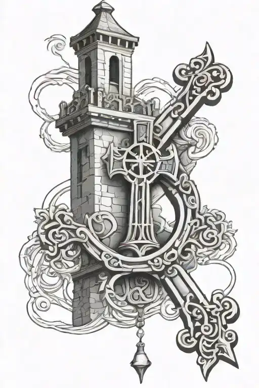 Irish cross connected to a bell tower shape tattoo design idea