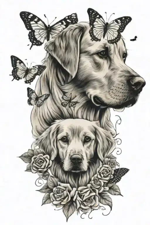 a golden retriever and a yellow lab surrounded by roses and butterflies tattoo design idea