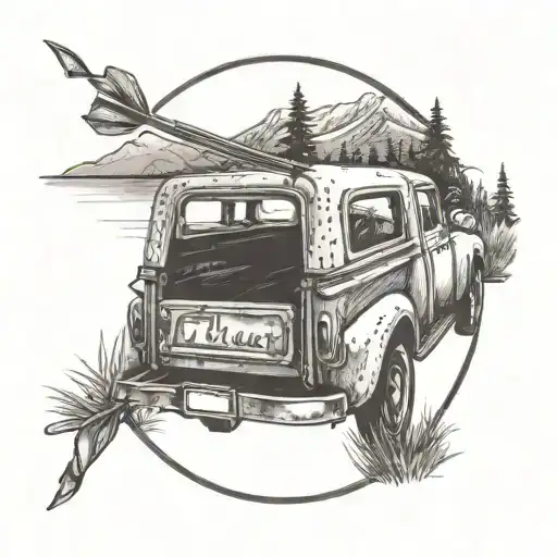 A dotwork tattoo of a vintage pickup truck parked by a tranquil lake, with a hunter's bow and arrow hanging on the rearview mirror, representing the client's passion for hunting and cars tattoo design idea