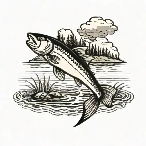 A traditional tattoo of a serene lake scene with a fish jumping out of the water, surrounded by cattle grazing in the background tattoo design idea