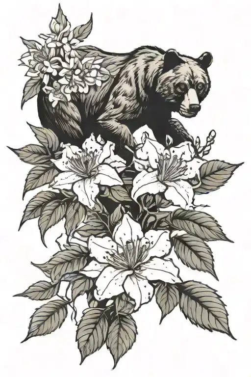rhododendron and black bear and sugar maple and cardinal  tattoo design idea