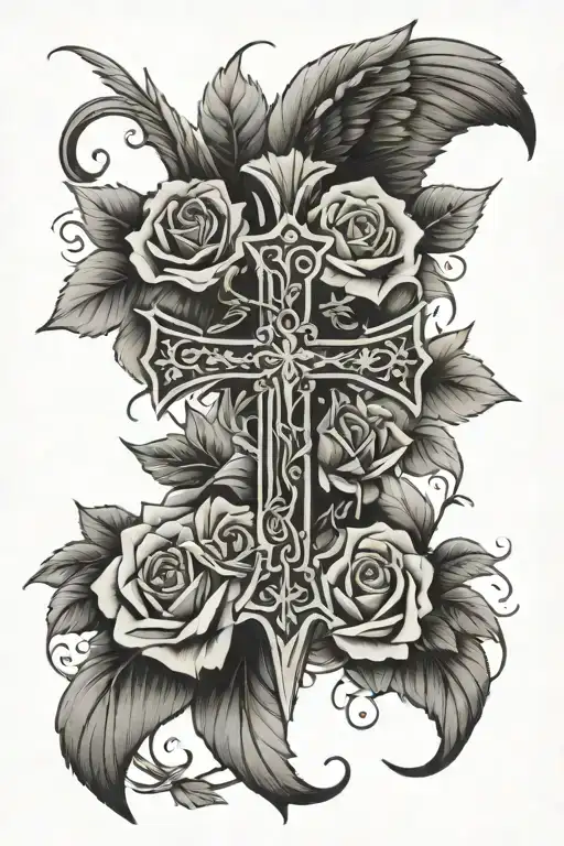 cross with roses and wings spread tattoo design idea