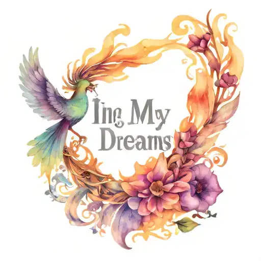  art nouveau style  words  "in my dreams I fly" in flames with ashes falling off, and phoenix with crown and heart tattoo design idea