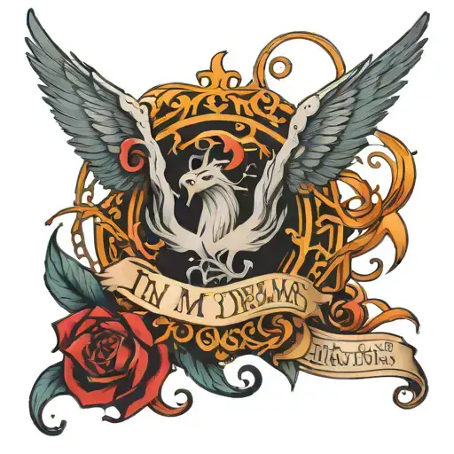  art nouveau style  words  "in my dreams I fly" in flames with ashes falling off, and phoenix with crown and heart tattoo design idea