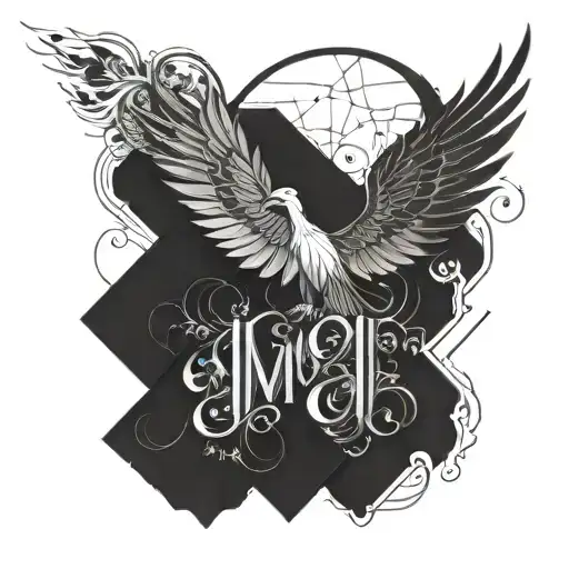  art nouveau style  words  "in my dreams I fly" in flames with ashes falling off, and phoenix with crown and heart tattoo design idea