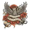  art nouveau style  words  "in my dreams I fly" in flames with ashes falling off, and phoenix with crown and heart tattoo design idea