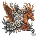  art nouveau style  words  "in my dreams I fly" in flames with ashes falling off, and phoenix with crown and heart tattoo design idea