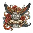  art nouveau style  words  "in my dreams I fly" in flames with ashes falling off, and phoenix with crown and heart tattoo design idea