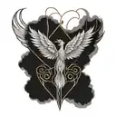  art nouveau style  words  "in my dreams I fly" in flames with ashes falling off, and phoenix with crown and heart tattoo design idea