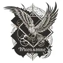  art nouveau style  words  "in my dreams I fly" in flames with ashes falling off, and phoenix with crown and heart tattoo design idea