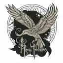  art nouveau style  words  "in my dreams I fly" in flames with ashes falling off, and phoenix with crown and heart tattoo design idea