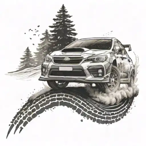 A tattoo design of a subaru wrx sti car racing down a dirt road, with tire tracks leaving a trail of dots behind it tattoo design idea
