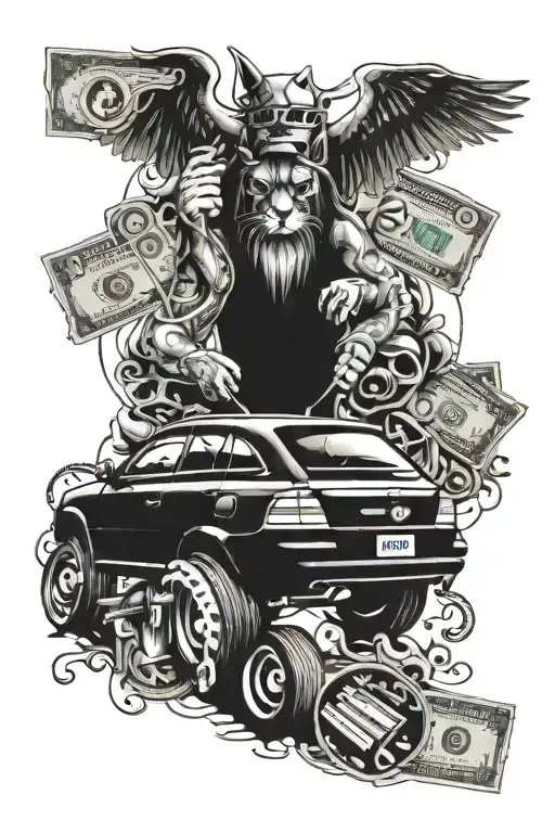  mixed tattoo with money car god  message and cool animals for the back and the upper body and the hands  tattoo design idea