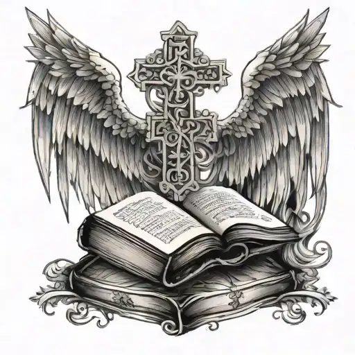 A tattoo design combining elements of fantasy books and Christian symbolism, such as a mystical book with angel wings and a cross, in blackwork style tattoo design idea