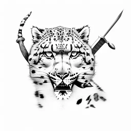 snow leopard with a sword in its mouth walking and looking back tattoo design idea