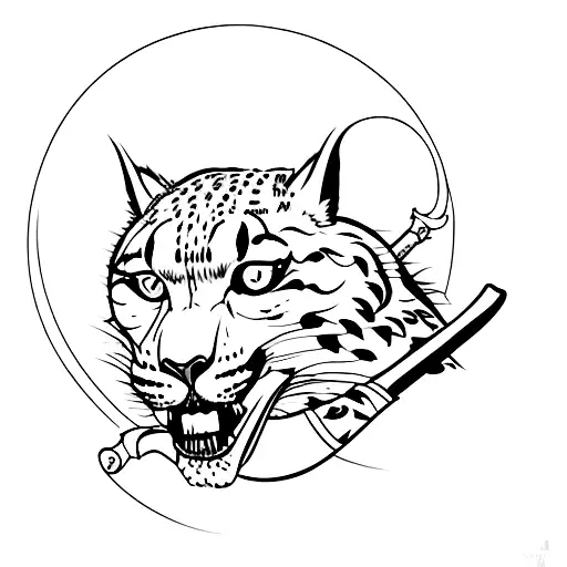 snow leopard with a sword in its mouth walking and looking back tattoo design idea
