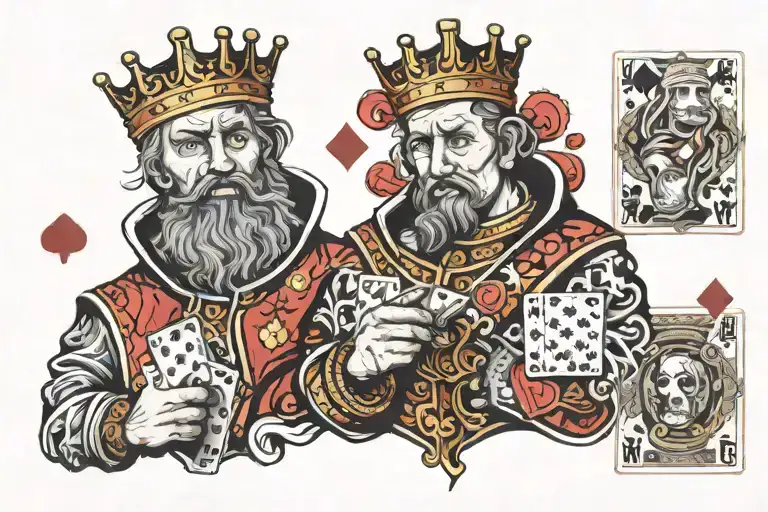A new-school design of a stylized King and 9 of playing cards intertwined with poker chips and dice tattoo design idea