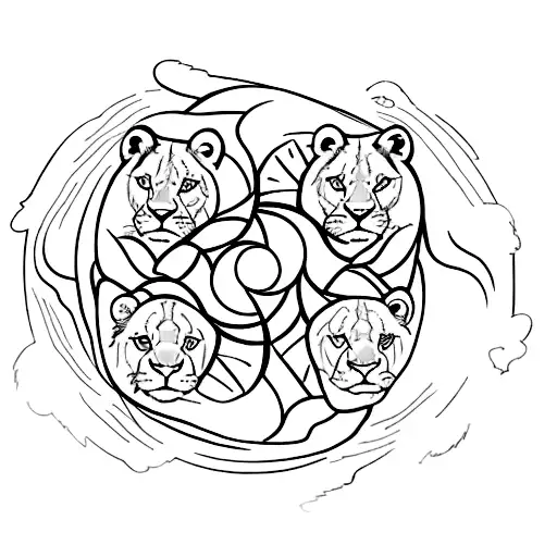 two wolfd cubs and one lion cub cuddling, like a ying yang sign with 3 parts tattoo design idea